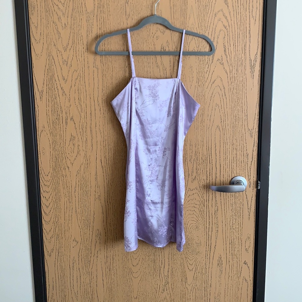 Purple floral satin mini dress